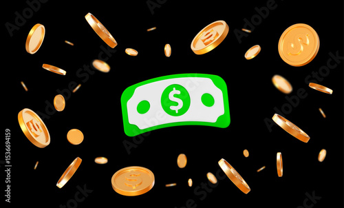 3d realistic flying golden coins with dollar currency sign with effect bokeh on black isolated background. Rich or casino luck concept. Precious expensive treasure. Stock vector illustration.