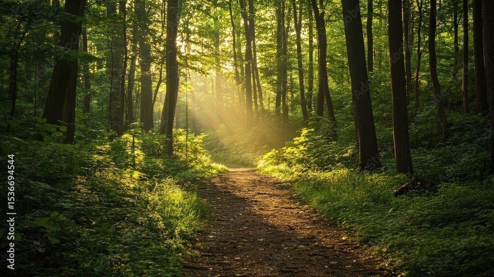 Fototapeta premium A Sunlight Dappled Forest Path Leads Through Lush Green Foliage