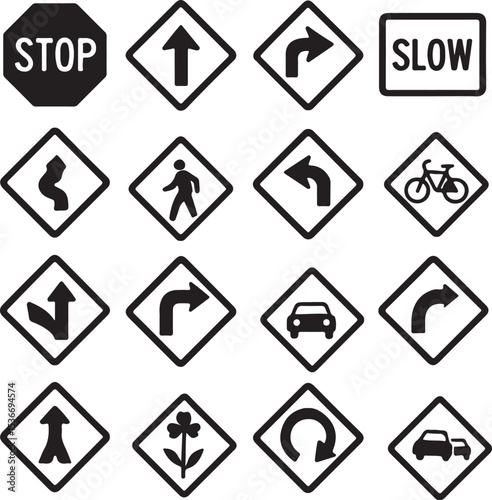 A clean set of 20 road and traffic sign icons including stop, slow, U-turn, curves, and speed limit signs. Great for maps, driving apps, transport awareness posters, and infographics.

