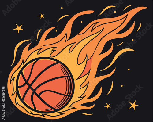 Basketball engulfed in flames vector illustration on a black background design