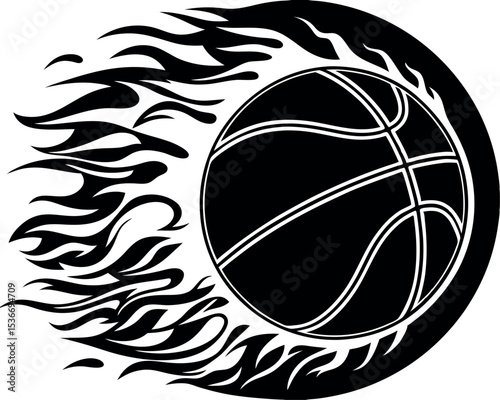 Flaming Basketball on Black Dynamic Vector Design for Sports and Competition