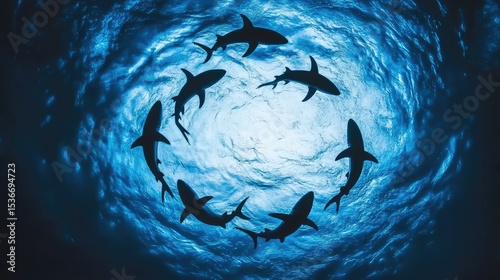 Scene of multiple sharks hunting together, forming a deadly circle around fleeing fish