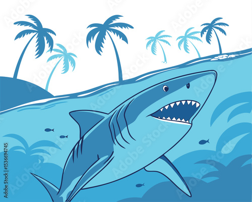 Blue Shark Swimming in Ocean Vector Illustration with Open Mouth Design
