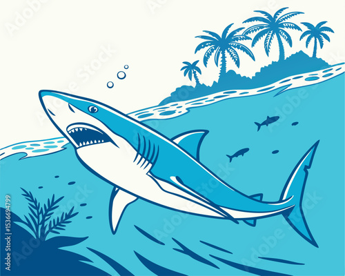 Blue Shark Swimming in Ocean Illustration Style with Open Mouth