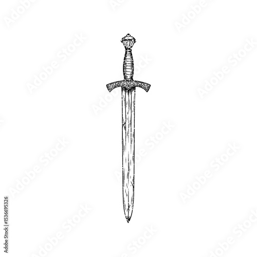 Illustration of a classic sword in vintage stipple engraving style isolated on transparent background