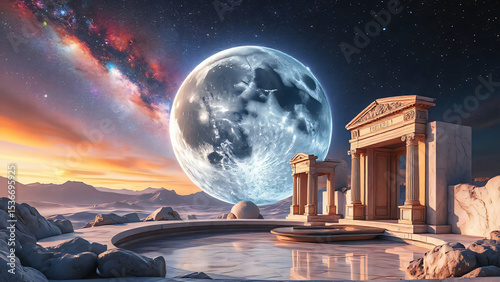 Moonlit alien city with a bright sky over a dark space landscape
