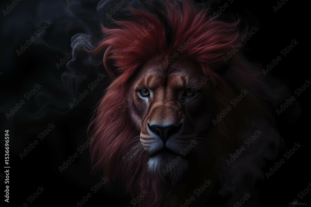 Fototapeta premium Ethereal lion face emerging from deep shadows, mane shaped by soft burgundy smoke