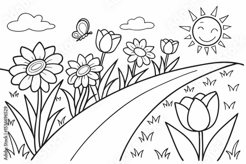 coloring page for toddlers, a field full of large, simple flowers like sunflowers and tulips, with a clear path in the middle and a happy sun in the corner, very thick lines, easy to color