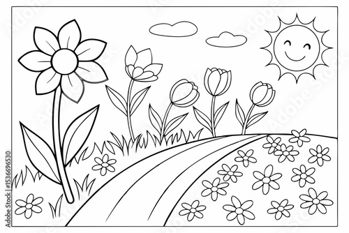 coloring page for toddlers, a field full of large, simple flowers like sunflowers and tulips, with a clear path in the middle and a happy sun in the corner, very thick lines, easy to color