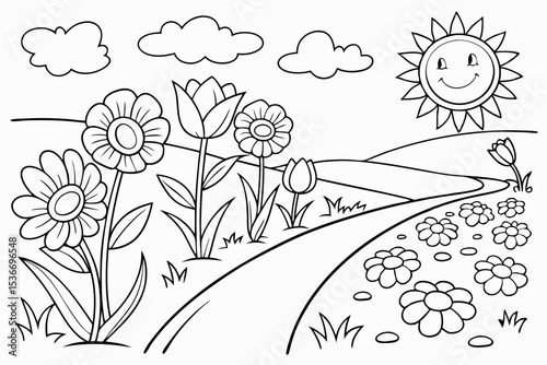 coloring page for toddlers, a field full of large, simple flowers like sunflowers and tulips, with a clear path in the middle and a happy sun in the corner, very thick lines, easy to color