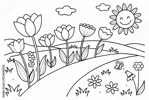 coloring page for toddlers, a field full of large, simple flowers like sunflowers and tulips, with a clear path in the middle and a happy sun in the corner, very thick lines, easy to color