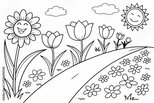 coloring page for toddlers, a field full of large, simple flowers like sunflowers and tulips, with a clear path in the middle and a happy sun in the corner, very thick lines, easy to color