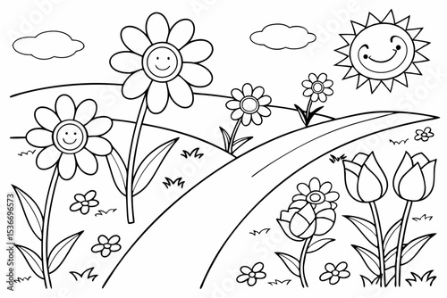 coloring page for toddlers, a field full of large, simple flowers like sunflowers and tulips, with a clear path in the middle and a happy sun in the corner, very thick lines, easy to color