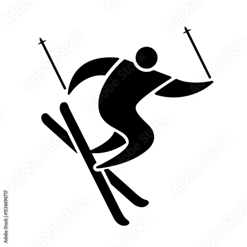 Men's ski freestyle icon, black silhouette isolated on white. Jumping freestyle athlete in move, minimalist stencil sign. Vector clipart for sport, winter games or recreation at ski resort design.