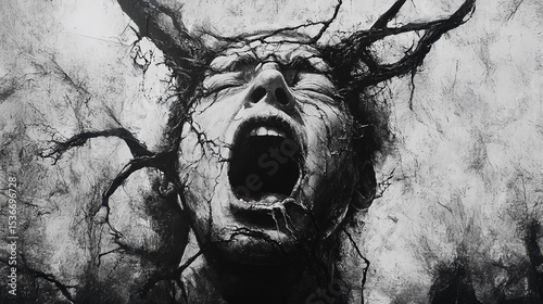 A monochrome artwork featuring a man's screaming face intertwined with tree-like branches, merging with the dark background, conveying a sense of torment and transformation.