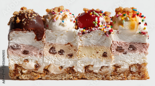 Delicious mini sandwich cross section showcasing layers of ice cream, whipped cream, and toppings, evoking sense of joy and indulgence. Ice Cream Sandwich Day