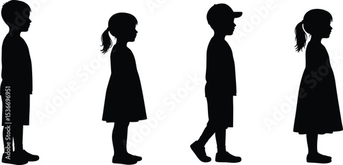 Silhouette vector of kids standing and walking, boy and girl side profile illustration, children design concept, cartoon vector graphic