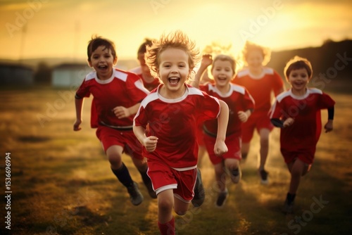 Happy kids soccer team praticing child togetherness competition.