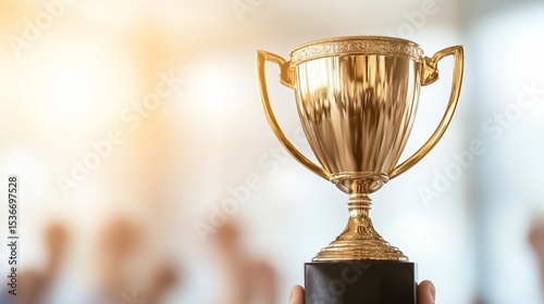 A trophy being held aloft, representing victory, recognition of achievement, and earned success.