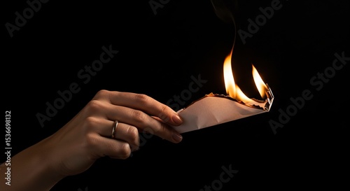 Hand holds burning paper against a black backdrop with flames and smoke clearly visible