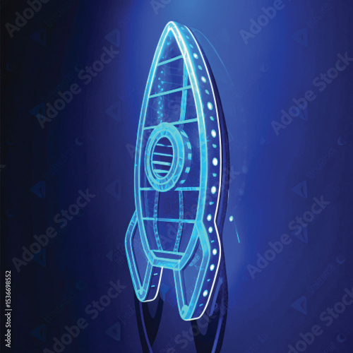 3D render of a translucent blue rocket soaring through with a Dark blue  background.