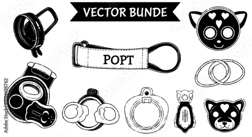 Black and white vector illustrations of various pet accessories, including collars, leashes, tags, and a dog toy.
