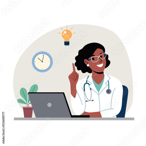 Young medic woman before the laptop finding new idea. Shiny light bulb. Flat style cartoon vector illustration.