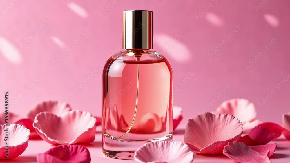 Mockup Clear Glass Packaging Perfume Bottle in pink rose petals. AI Generative Mockup Clear Glass Packaging Perfume Bottle in pink rose petals. AI Generative