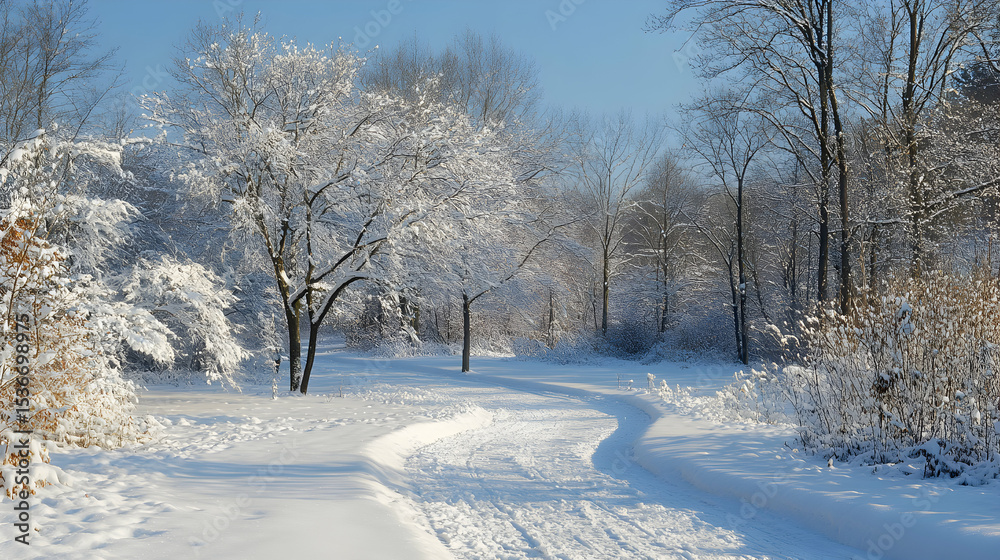 Snowy path winding through winter wonderland trees covered in snow bright sunlight Snowy path winding through winter wonderland trees covered in snow bright sunlight