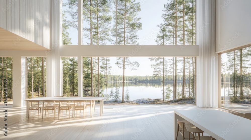 Fototapeta premium Expansive modern interior with lake views.