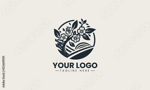 Elegant cherry blossom sakura tree in bloom represents hanami celebration in spring vector logo illustration