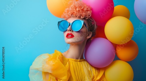 Wallpaper Mural Fashionable woman wearing colorful balloons headpiece and sunglasses posing against vibrant blue studio backdrop modern Torontodigital.ca