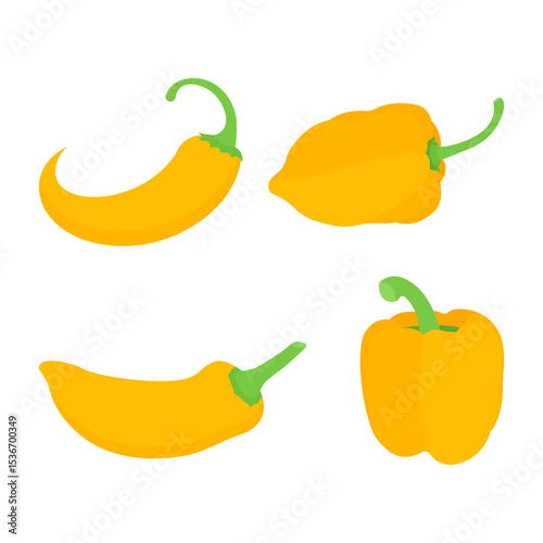 With Four Designs Yellow Color Pepper Vector Design Bundle. Pepper Habanero Jalapeno Bell Serrano. Vector Illustration