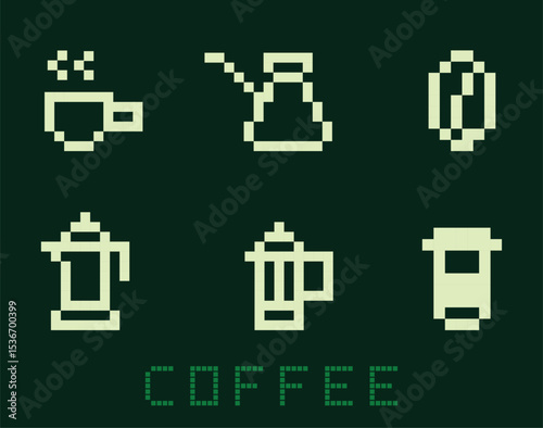 8 bit Pixel Coffee Icons Set with Cup, Brew, Jar, Bean, and Blend. Barista beverage app icon set. 