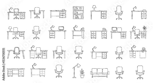 Collection of hand-drawn office furniture illustrations, showcasing various desk, chair, and storage configurations.