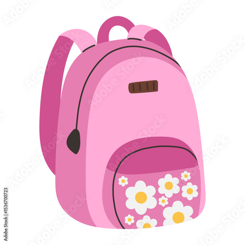 
Pink school backpack vector with floral front pocket and girly design. Cute back to school illustration of a pink student bag with daisy flower print, front zipper compartment.