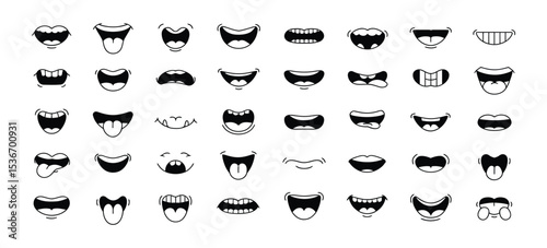 Vast Collection of Black and White Cartoon Mouth Expressions and Doodles