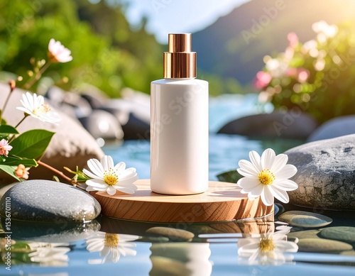Cosmetic bottles set on stones surrounded by flowers. In the background a beautiful, natural landscape. Cosmetic background photo