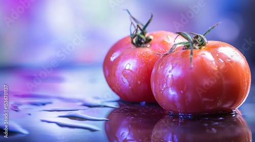 Fresh ripe tomatoes glistening with water droplets on reflective surface with blurred bokeh lights background