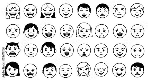 A collection of diverse cartoon faces expressing a wide range of human emotions.