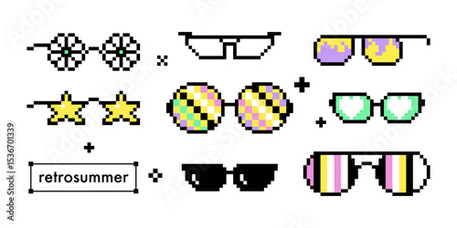 Pixel various sunglasses pack with decorative elements and patterns. Fun 8 bit style retro eyewear for summer vibe decoration, beach vacation design. Bright sticker set with pixelated trendy frames