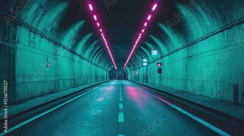 Neon-lit tunnel road at night.