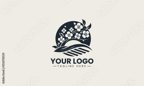 Cherry blossom trees in full bloom during hanami festival celebration in spring vector logo design