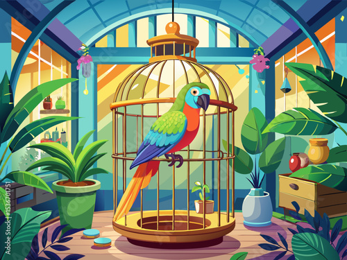 vector of A beautiful colored parrot is placed in a large cage. Newly designed living room...