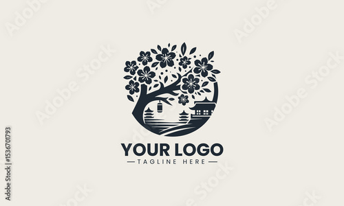 People enjoying hanami picnic under blooming cherry blossom trees in spring vector logo illustration design