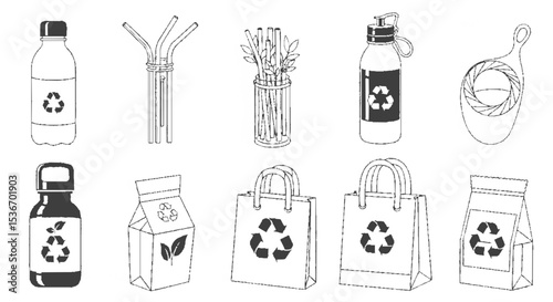 Line drawing showing various reusable and recyclable items, promoting sustainability and environmental awareness.