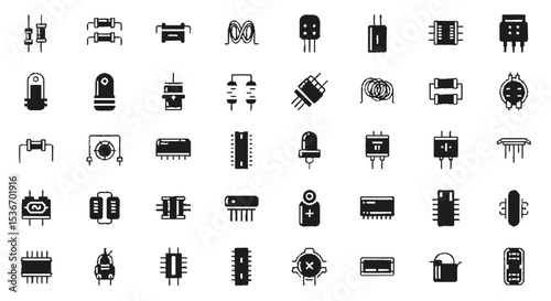 A collection of various electronic components, presented in a black and white, flat design.