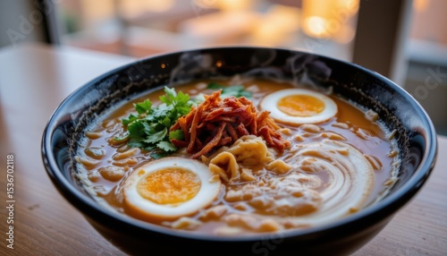 Delicious Hot Ramen Noodle Soup with Soft Boiled Eggs and Spicy Garnish in a Cozy Restaurant Setting