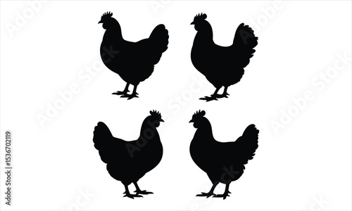Four silhouettes of chickens farm animals