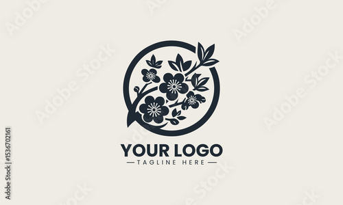People enjoying hanami picnic under blooming cherry blossom trees in spring vector logo illustration design